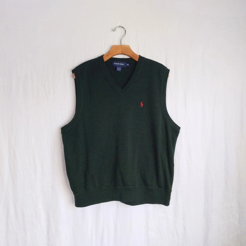 Vtg POLO RALPH LAUREN Forest Green Knit V Neck Sweater Vest Golf Tank XL - Picture 4 of 5